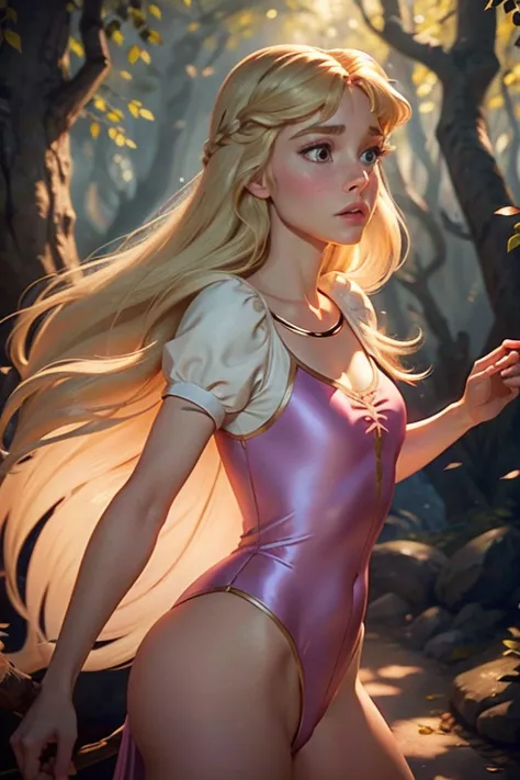 princess eilonwy, wearing a tight pink leotard, long flowing blonde hair, delicate facial features, full lips, large expressive ...