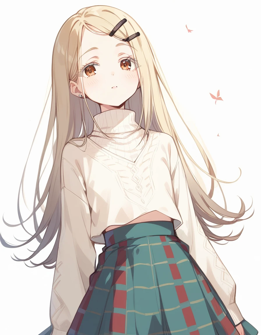 shinosawa hiro,slender,umber eyes,blonde hair,long hair,hairclip,twintail,flat chest BREAK red checkered skirt,turtleneck sweater