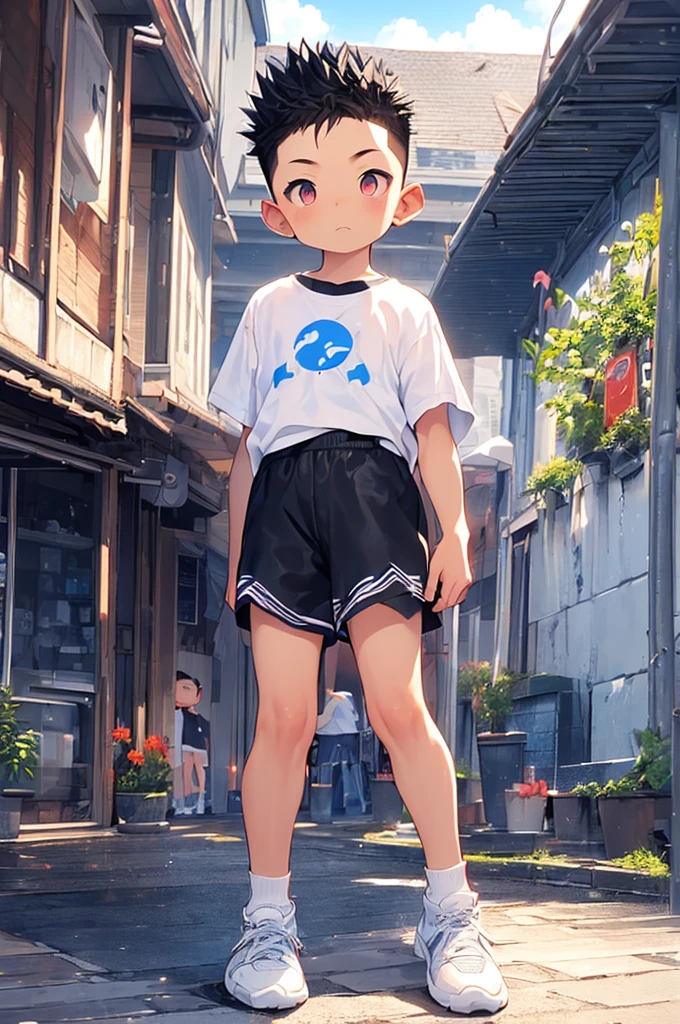 (Shota:1.5),(((Highest quality))),(((masterpiece))),(((Very detailed))),(((High resolution))),One person,T-Shirts,Short shorts,White socks,Blue sneakers,12 years old,Japanese,Buzz Cut,(((Spiked Hair))),Black Hair,Baby Face,Beautiful face,