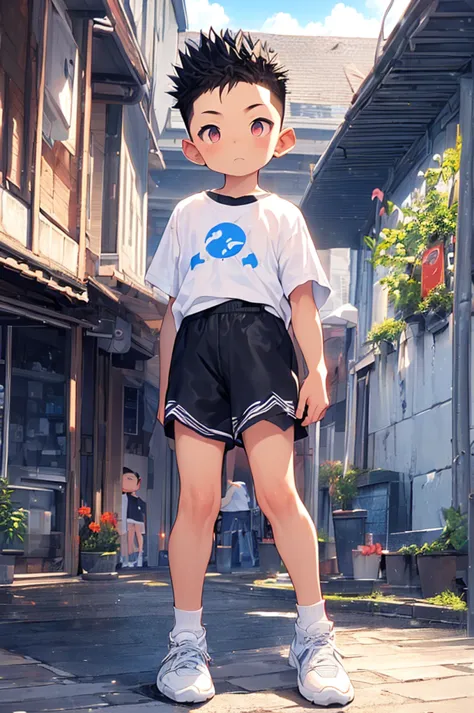 (shota:1.5),(((highest quality))),(((masterpiece))),(((very detailed))),(((high resolution))),one person,t-shirts,short shorts,w...