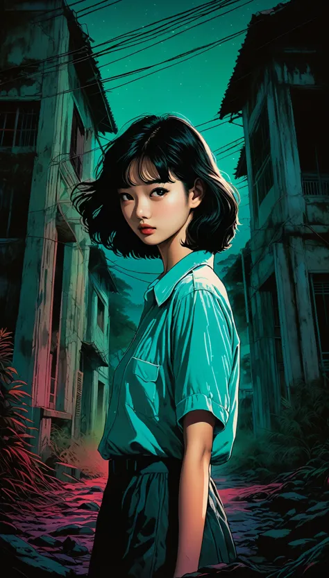 an illustration、art、80s thai horror movie poster, supervised by junji ito、(high school student:1.25)、night、ruins、attention to de...