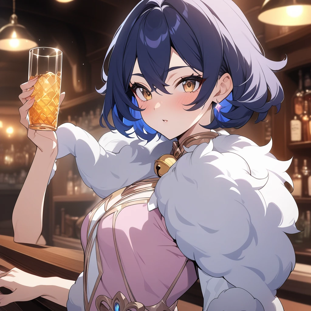 belle, bell from  zenless zone zero, stylish pose, holding drink, great gatsby pose, anatomically correct, 1girl, messy short hair, dark blue hair, golden eyes, beautiful face, pink dress, fur dress, purple dress, fur, bar background, decorative, masterpiece, high quality, hd, 4k, upper body, genshin artstyle, 