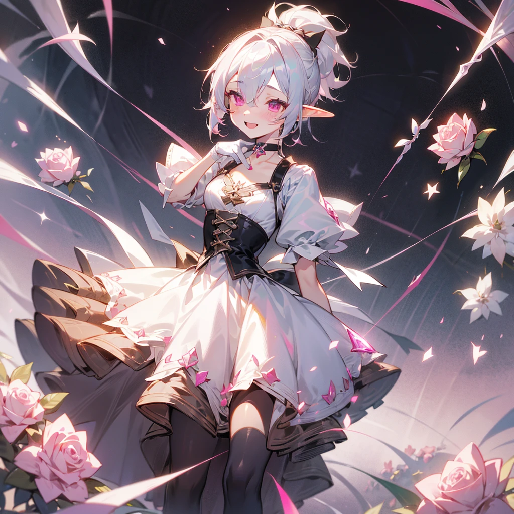 elf, silver hair, female, a girl, , female , glad, laughing, short hair, ponytail, covering one eye, pink eyes, pale skin, tiny, slim, wizard hat, choker, Tuxedo, White gloves, ribbon, skirt, Gothic Lolita, magic effect, pink Rose, s wand with pink gem