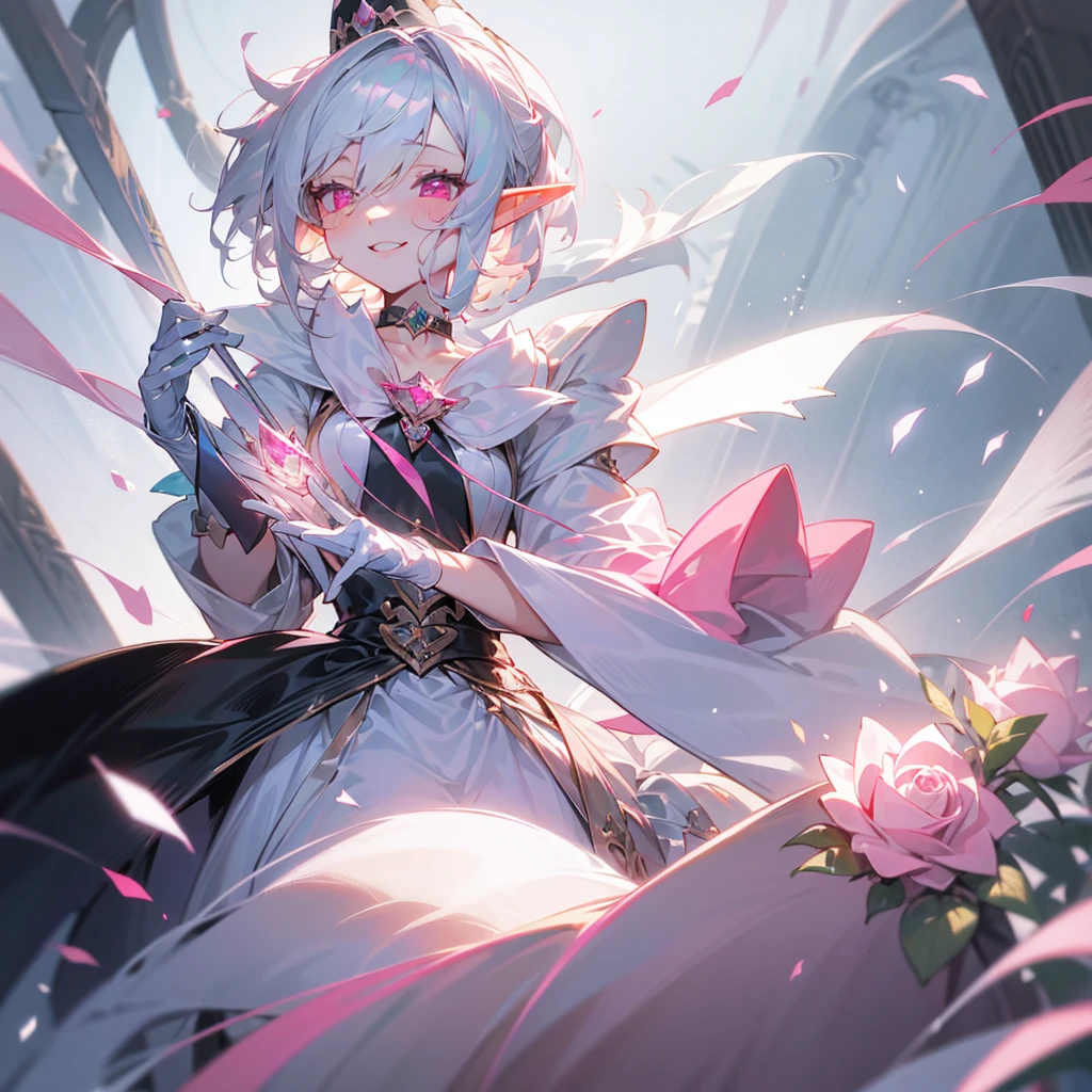 elf, silver hair, female, a girl, , female , glad, laughing, short hair, ponytail, covering one eye, pink eyes, pale skin, tiny, slim, wizard hat, choker, Tuxedo, White gloves, ribbon, skirt, Gothic Lolita, magic effect, pink Rose, s wand with pink gem