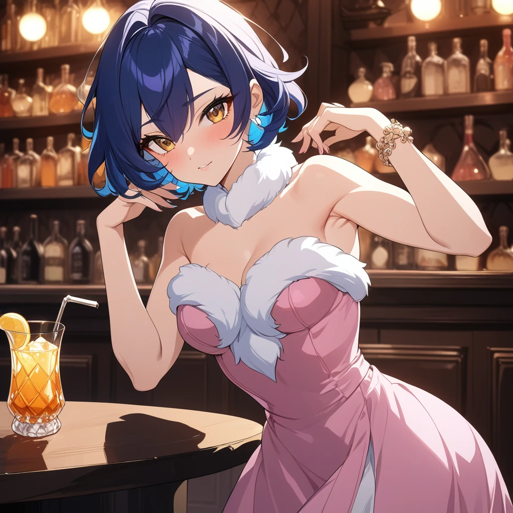 belle, zenless zone zero, stylish pose, holding drink, great gatsby pose, anatomically correct, 1girl, messy short hair, dark blue hair, golden eyes, beautiful face, pink dress, fur dress, purple dress, fur, bar background, decorative, masterpiece, high quality, hd, 4k, upper body, genshin artstyle, 