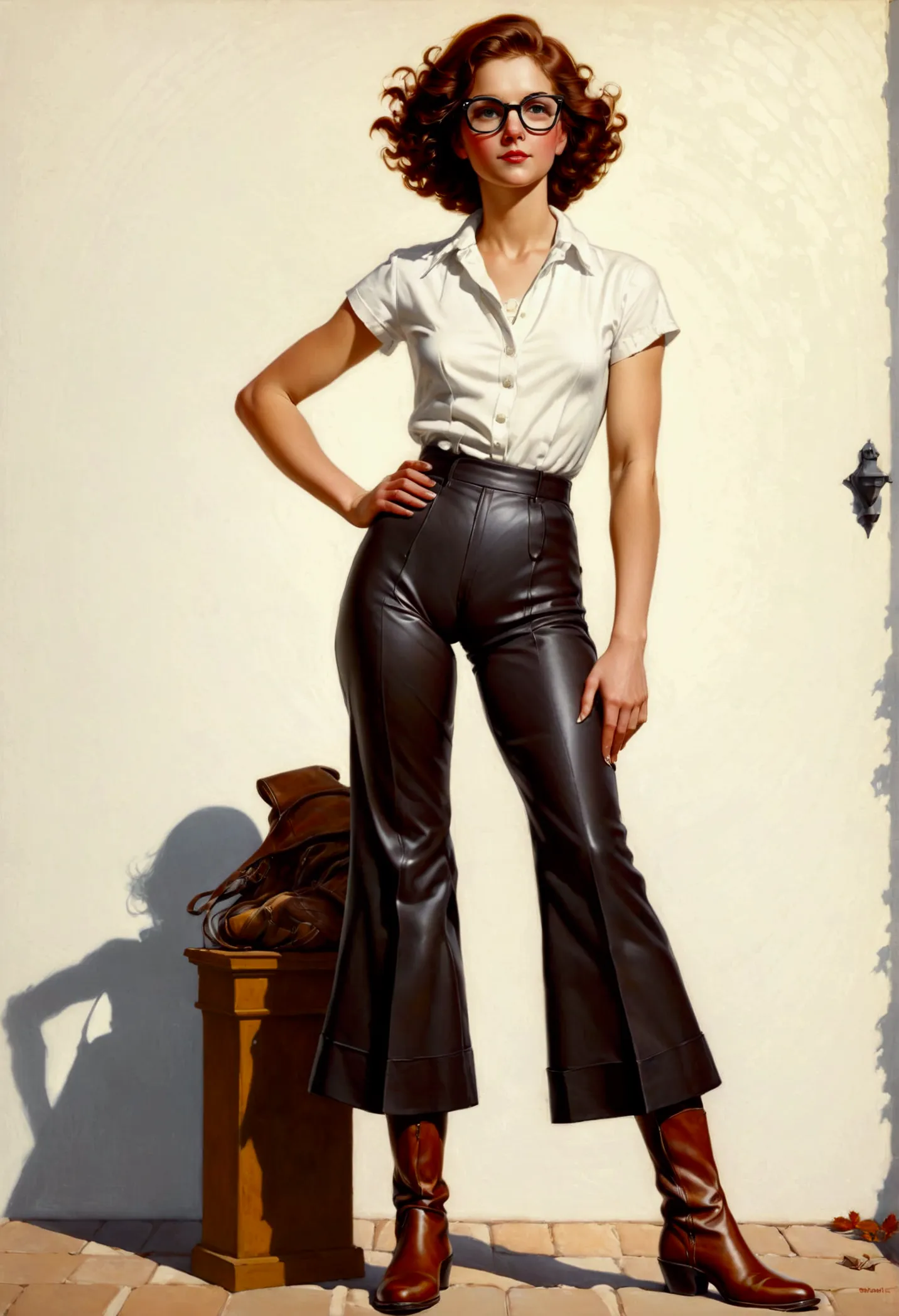 illustration peinture dans le style de norman rockwell d&#39;un beau mannequin aux cheveux bruns courts seins nus et un pantalon...