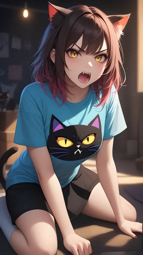 a highly detailed  1girl, fangs, detailed eyes and face, angry expression, cat girl, big size t-shirt, cat pose colors,studio li...