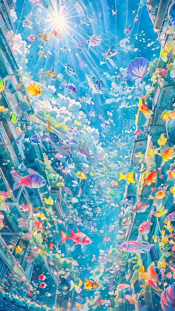 Illustrations drawn with colored pencils、Soft and gentle touch、A large school of colorful small fish、fly in the sky