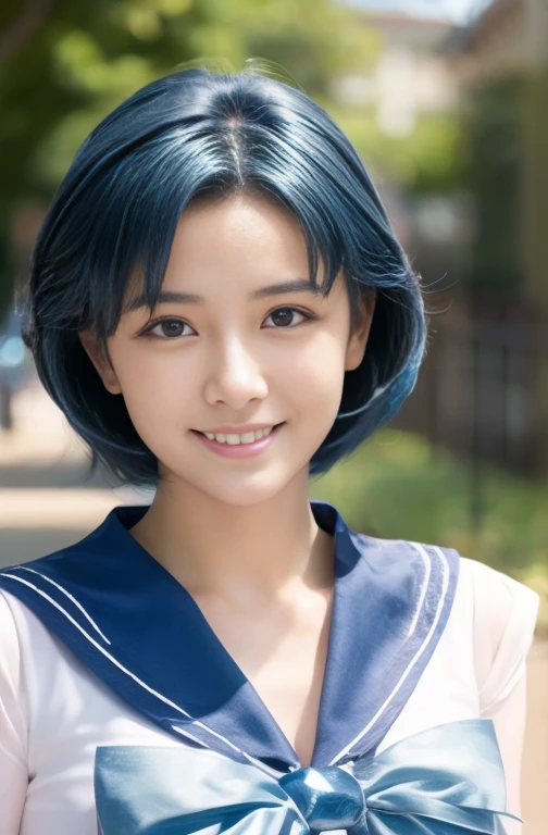 ((Highest quality)), ((masterpiece)), (detailed),　Sailor Mercury、Blue Hair、smile、Hair blowing in the wind、Sailor Warrior Costumes、