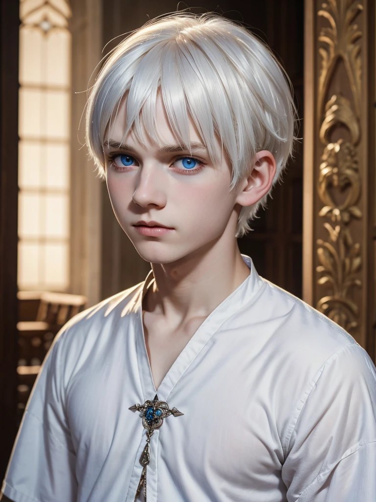 (best quality), 1boy, (child), Male, pale skin, white hair, short hair, swept bangs, tousled hair, blue eyes, perfect eyes, strong jawline, shy expression, royal clothes, (dark fantasy), gothic, masterpiece, anatomically correct, highres
