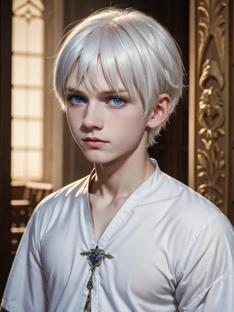 (best quality), 1boy, (child), male, pale skin, white hair, short hair, swept bangs, tousled hair, blue eyes, perfect eyes, stro...