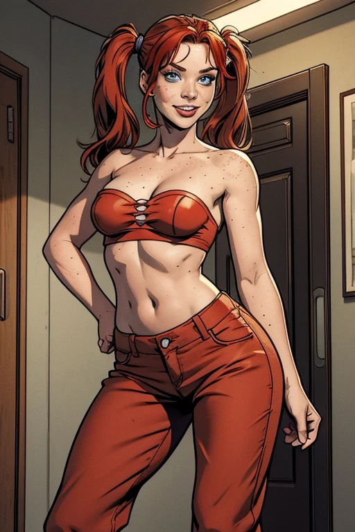 Red-haired girl, lots of freckles on her face, small blue eyes, full lips, long pigtails, thin, small breasts, freckles in the middle of the chest, big ass, wearing strapless top, flare pants black, mischievous smile, finger in mouth, full body photo, indoors, UHD, masterpiece, accurate, anatomically correct, textured skin, super detail, high details, high quality, award winning, best quality, highres