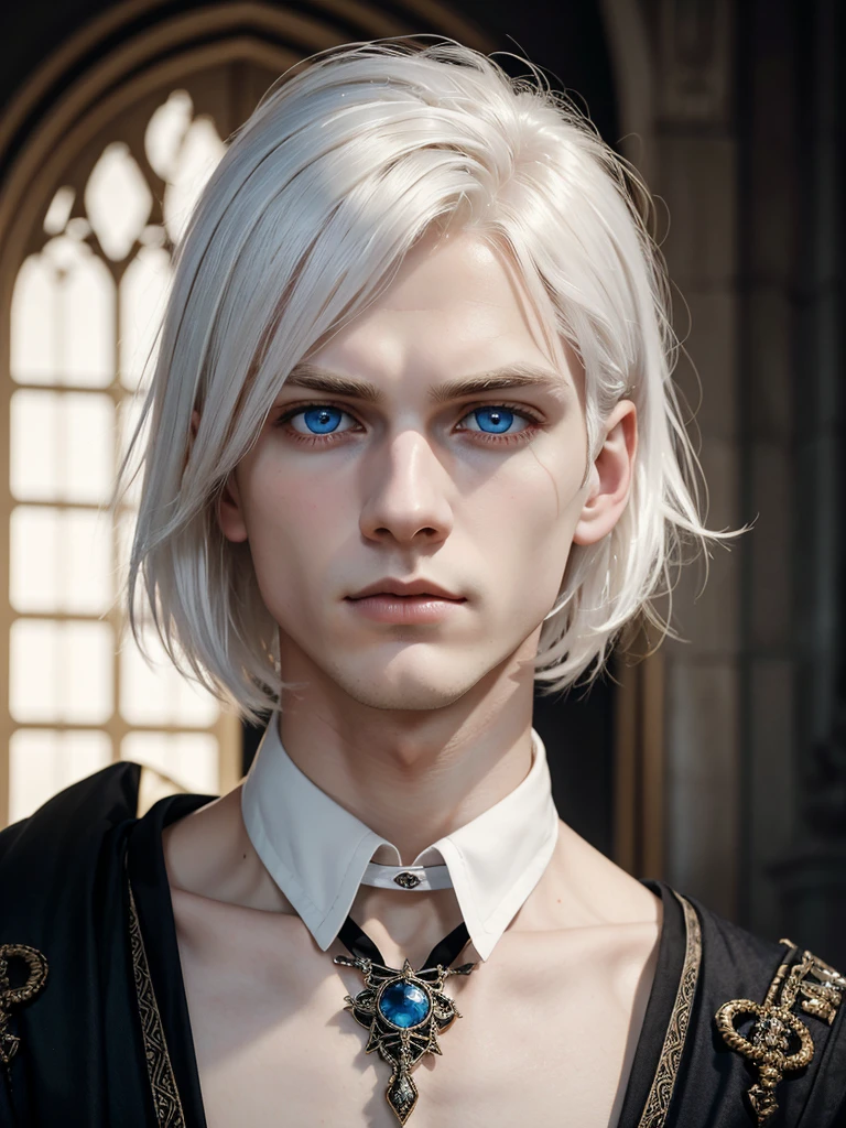 (best quality), 1boy, Male, pale skin, white hair, short hair, swept bangs, tousled hair, blue eyes, perfect eyes, strong jawline, shy expression, royal clothes, (dark fantasy), gothic, masterpiece, anatomically correct, highres
