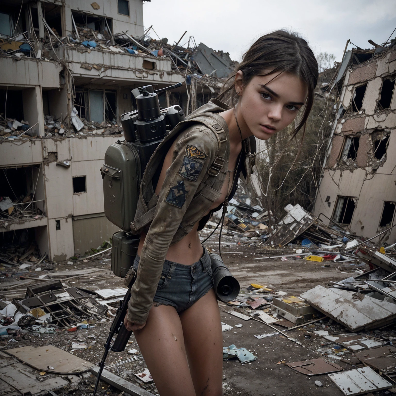 Flying toward the camera. a beautiful but dirty and ragged young slim girl, a Kendall Jenner look alike with a large gun in her hands, with a jetpack on her back flying toward the camera low between destroyed post apocalyptic buildings on patrol. Movie scene. Cinematic, post apocalyptic style.