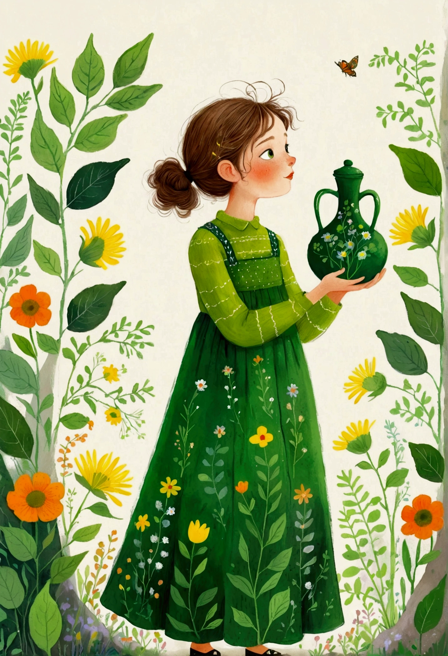 illustration of a girl with a green dress and a green vase, A painting inspired by Elsa Beskow, tumblr, Childish Art, mixed media illustration, Illustration Art, vignette illustration, mixed media style illustration, illustration, illustration”, full color illustration, illustration, Come out of the light, painting illustration, #illustration, painterly illustration