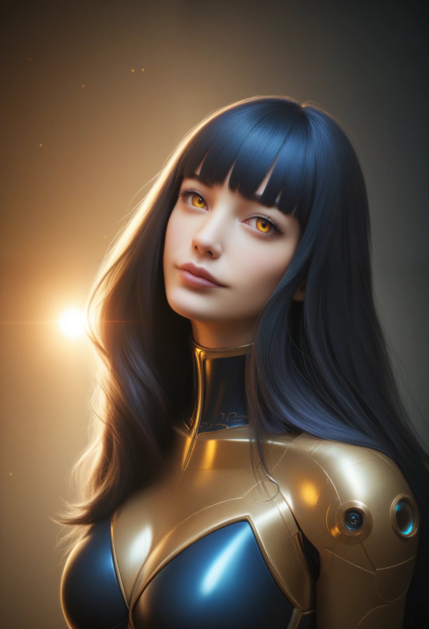 score_9, score_8_up, score_7_up, (Highest quality),(realistic,photorealistic,photo-realistic:1.37), ultra-detailed,(best quality,4k, 8k, highres, masterpiece:1.2), BREAK,  A woman in futuristic clothing, Trending on cgstation, Trending on cgstation, (Portrait of a girl in the Knights of the Zodiac:1.4), blunt bangs, Cute Cyborg Girl, Perfect android girl, Portrait Astronaut Girl, Beautiful girl cyborg, (Girl wearing iridescent blue black white mechanical cyber armor:1.3), Game CG, cgsociety and fenghua zhong, Beautiful Cyborg Shrine Maiden, Bioluminescence, (Yua Yaiba:0.5), (Golden eyes:1.5), Anatomically correct grip, (Sharp and long claws:1.1), erotic and sexy, black, wearing A gorgeous cape with beautifully detailed embroidery, 