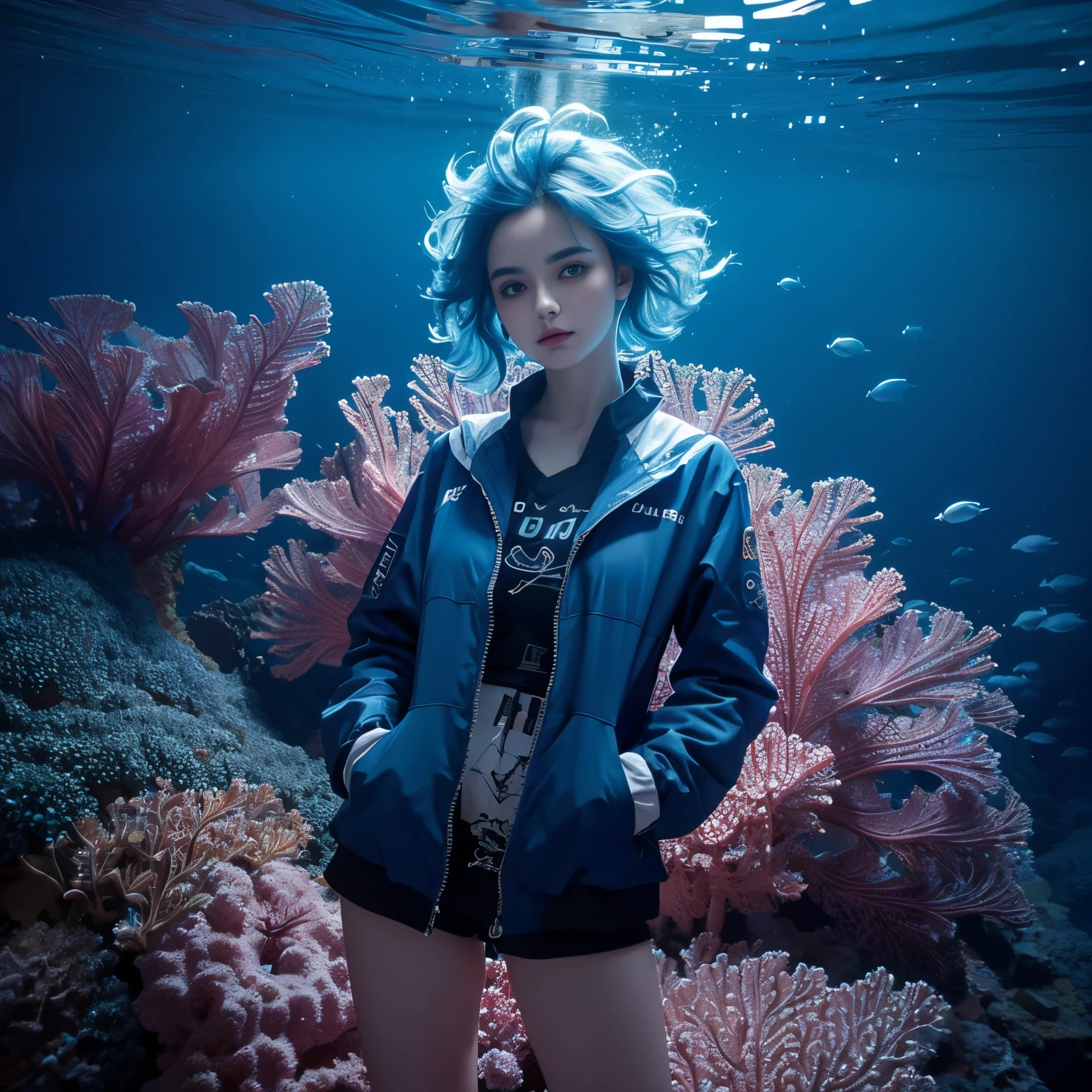 8K, 1 Girl, High Color, Gorgeous, (Fractal Art 1.8), pout, youth, Blue Hair, Under the Deep Sea, Gorgeous, Dynamic, visual impact, Hands in pockets, (Wave 1 on the lens.5)