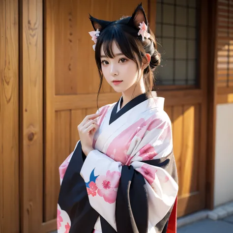 anime cat ear girl wearing a kimono with cat ears, shoulder to look, yang jie&#39;s animation, pixiv competition winner, serial ...