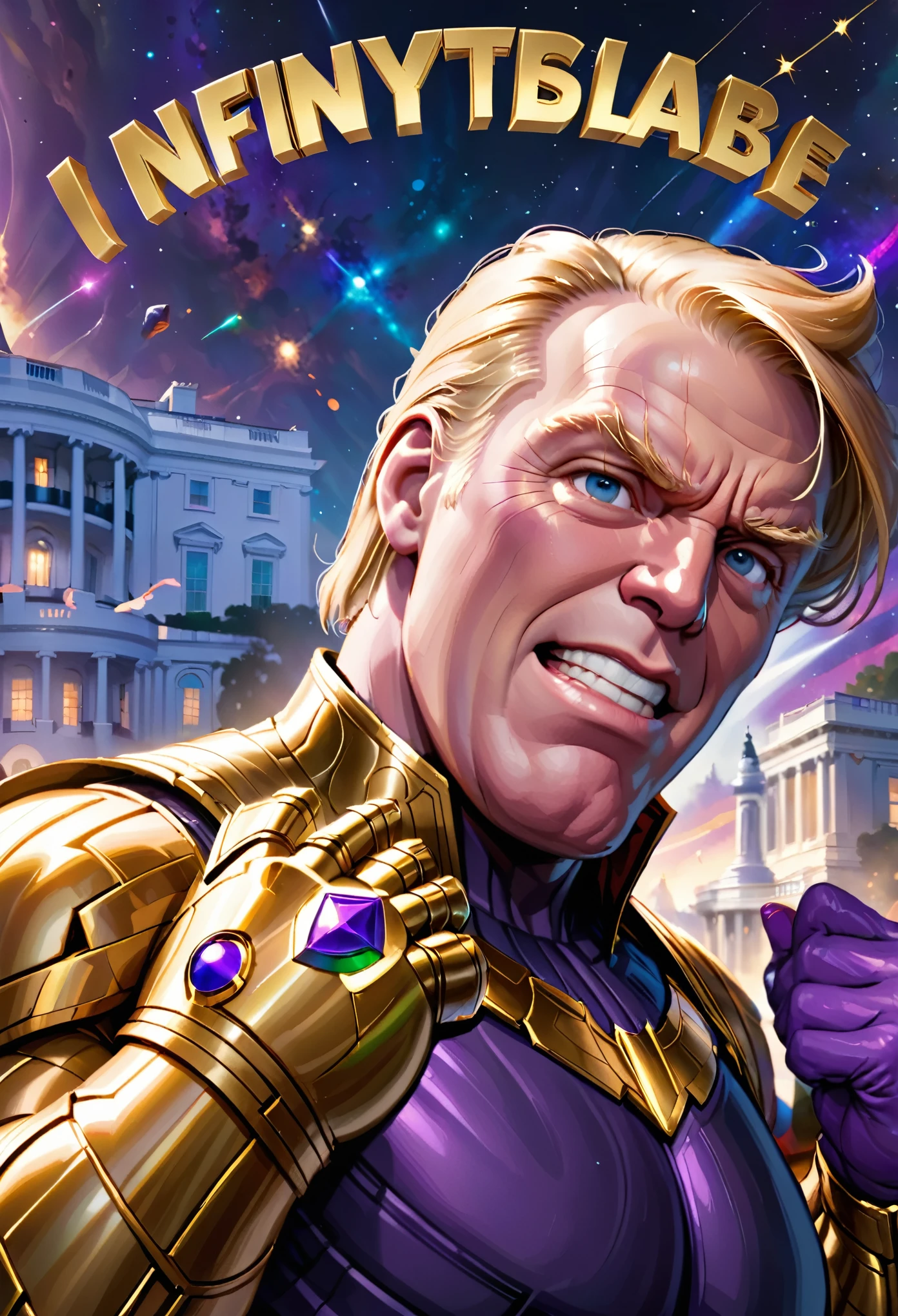 Donald Trump (bandage on right ear) in a triumphant pose, He is portraying villain Thanos, wearing the Infinity gauntlet, white house in background. 'I AM INEVITABLE' written in big letters along the right side of the screen
