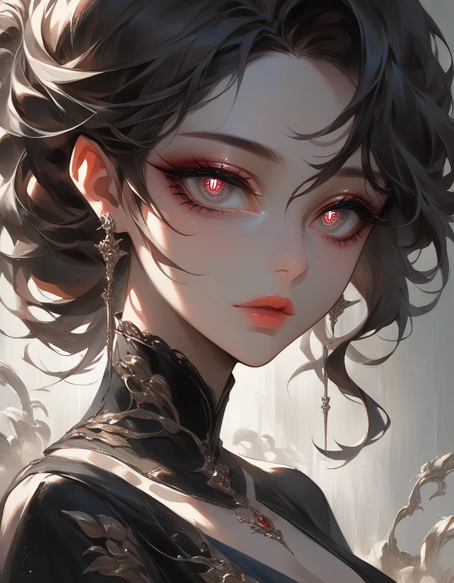 beautiful detailed eyes, beautiful detailed lips, extremely detailed eyes and face, long eyelashes, 1girl, red pupils, fantasy, digital painting, oil painting, concept art, intricate, elegant, highly detailed, cinematic lighting, dramatic lighting, chiaroscuro, dark moody, muted colors, deep colors, rich colors