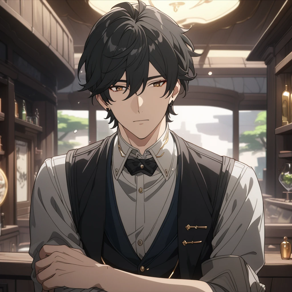 rover from wuthering waves, 1boy, wiping glass, black hair, flat hair, souma shiki hair, gold eyes, handsome face, black waistcoat, waistcoat, folded sleeves, bar background, upper body, decorative, masterpiece, high quality, hd, 4k, upper body, genshin artstyle, black earings