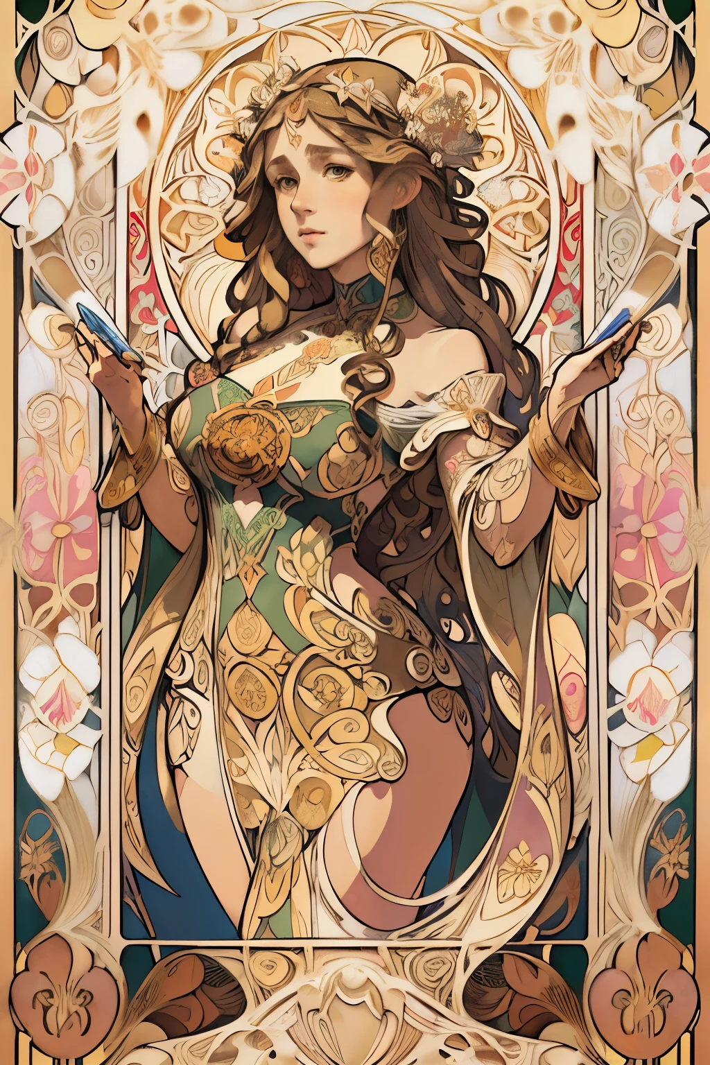 (Mucha's style:1.2), (face portrait of a European female , long curly hair, blond, floral frame, Decorative panels, abstract artistic, by Alphonse Mucha, (Masterpiece, Best Quality, Highres:1.4), Detailed, Intricate Details, 4K, color splashes, line art, fibonacci, in style of tarot card 