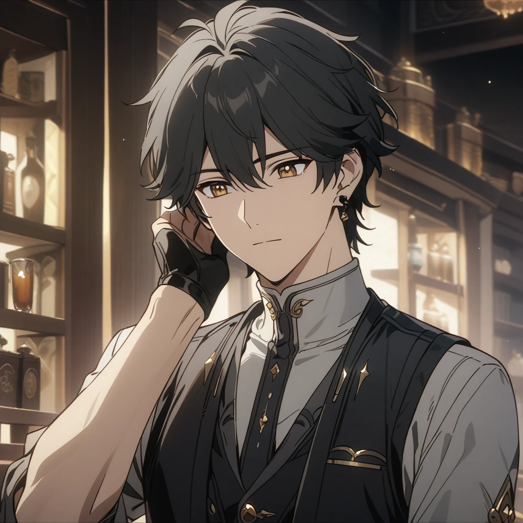 rover from wuthering waves, 1boy, wiping glass, black hair, souma shiki hair, gold eyes, handsome face, black waistcoat, waistcoat, folded sleeves, bar background, upper body, decorative, masterpiece, high quality, hd, 4k, upper body, genshin artstyle, black earings