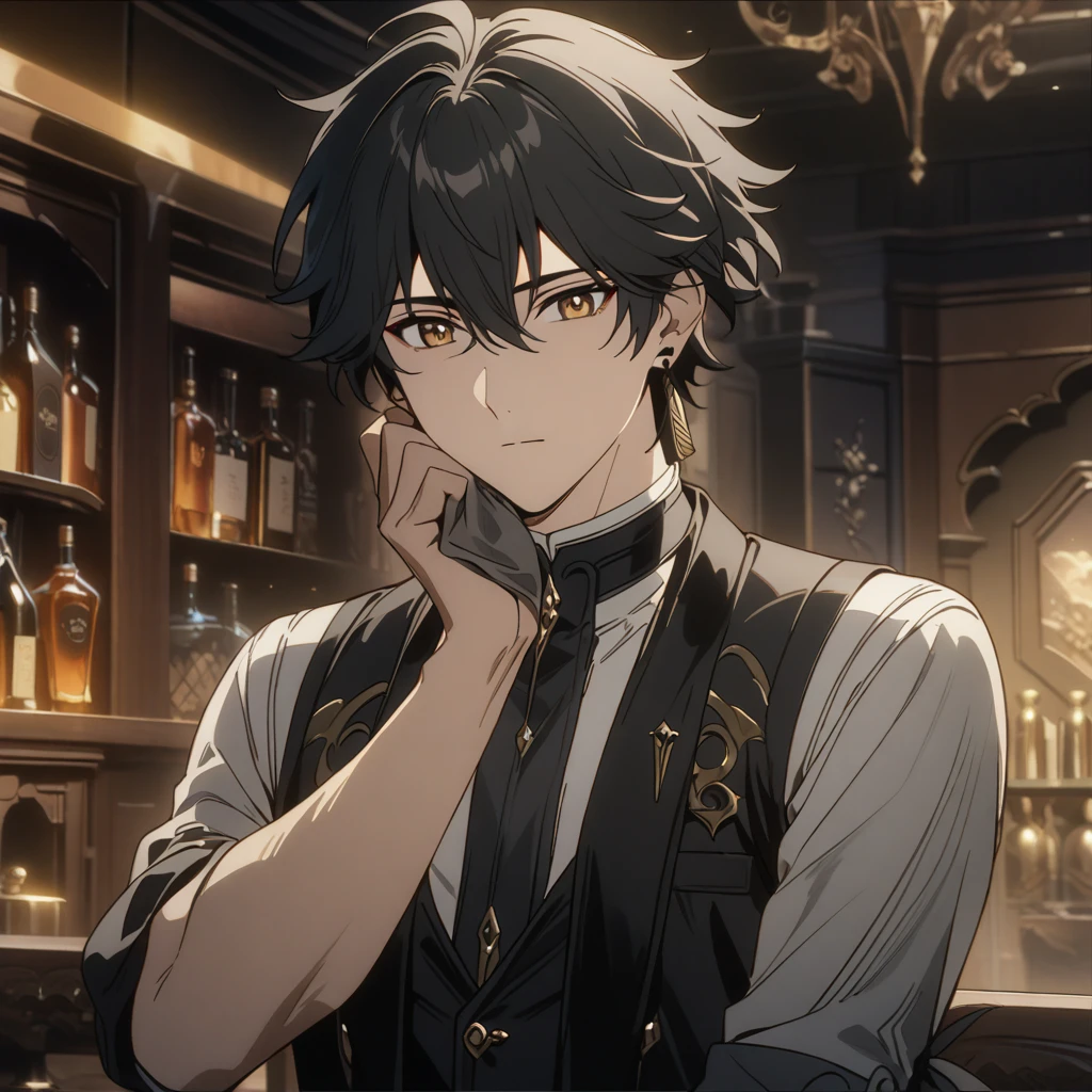 rover from wuthering waves, 1boy, wiping glass, black hair, souma shiki hair, gold eyes, handsome face, black waistcoat, waistcoat, folded sleeves, bar background, upper body, decorative, masterpiece, high quality, hd, 4k, upper body, genshin artstyle, black earings