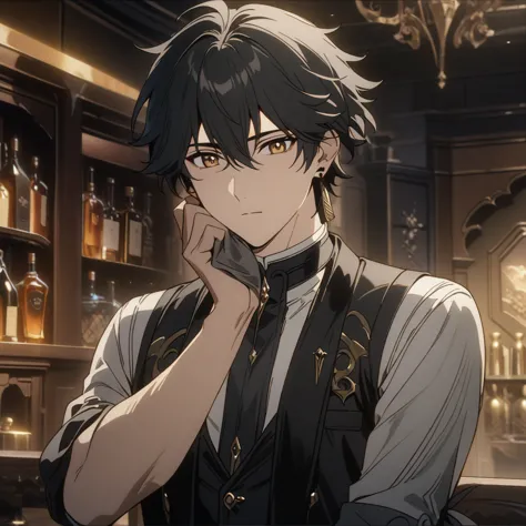 rover from wuthering waves, 1boy, wiping glass, black hair, souma shiki hair, gold eyes, handsome face, black waistcoat, waistco...