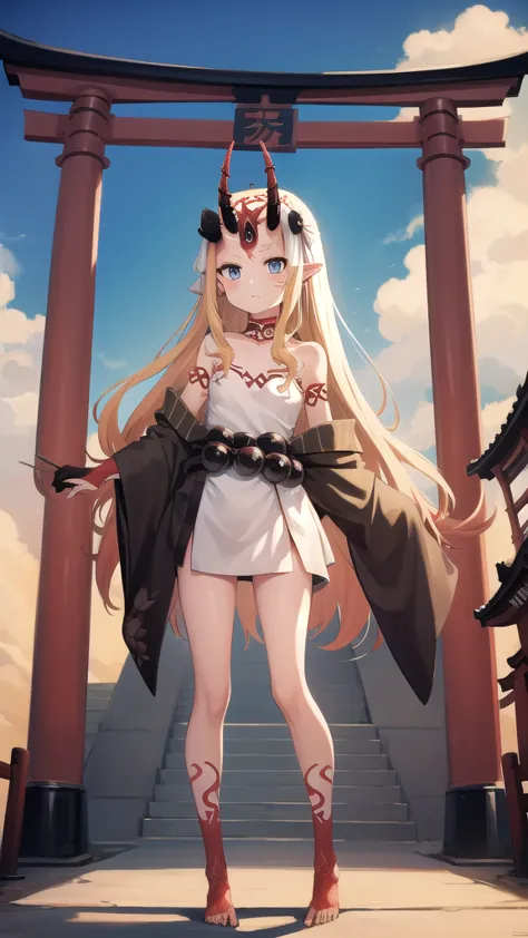 flat-chested girl with long blond hair，demon horn，kimono，bare legs，barefoot，standing，on the torii gate