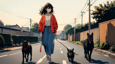 a girl walking her dog in a quiet suburban tokyo neighborhood at sunset, both enjoying the calm atmosphere.