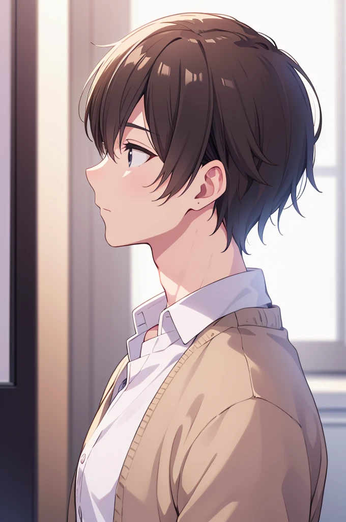 a handsome man with tea-colored short hair, black eyes, wearing a white shirt, beige cardigan, and slacks, portrait, (best quality, 4k, 8k, highres, masterpiece:1.2), ultra-detailed, man, extremely detailed, cinematic lighting, handsome male, white background, cool profile, こっち見ろ