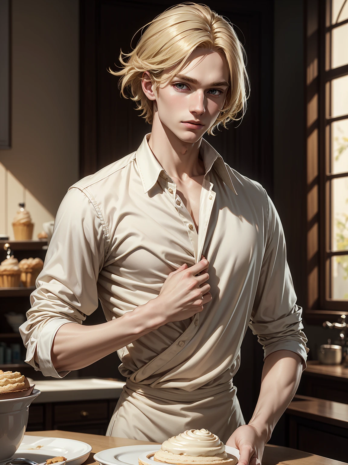 (best quality), 1boy, male, porcelain skin, blonde hair, medium hair, straight hair, swept bangs, brown eyes, perfect eyes, patissier uniform, skinny body, masterpiece, anatomically correct, highres
