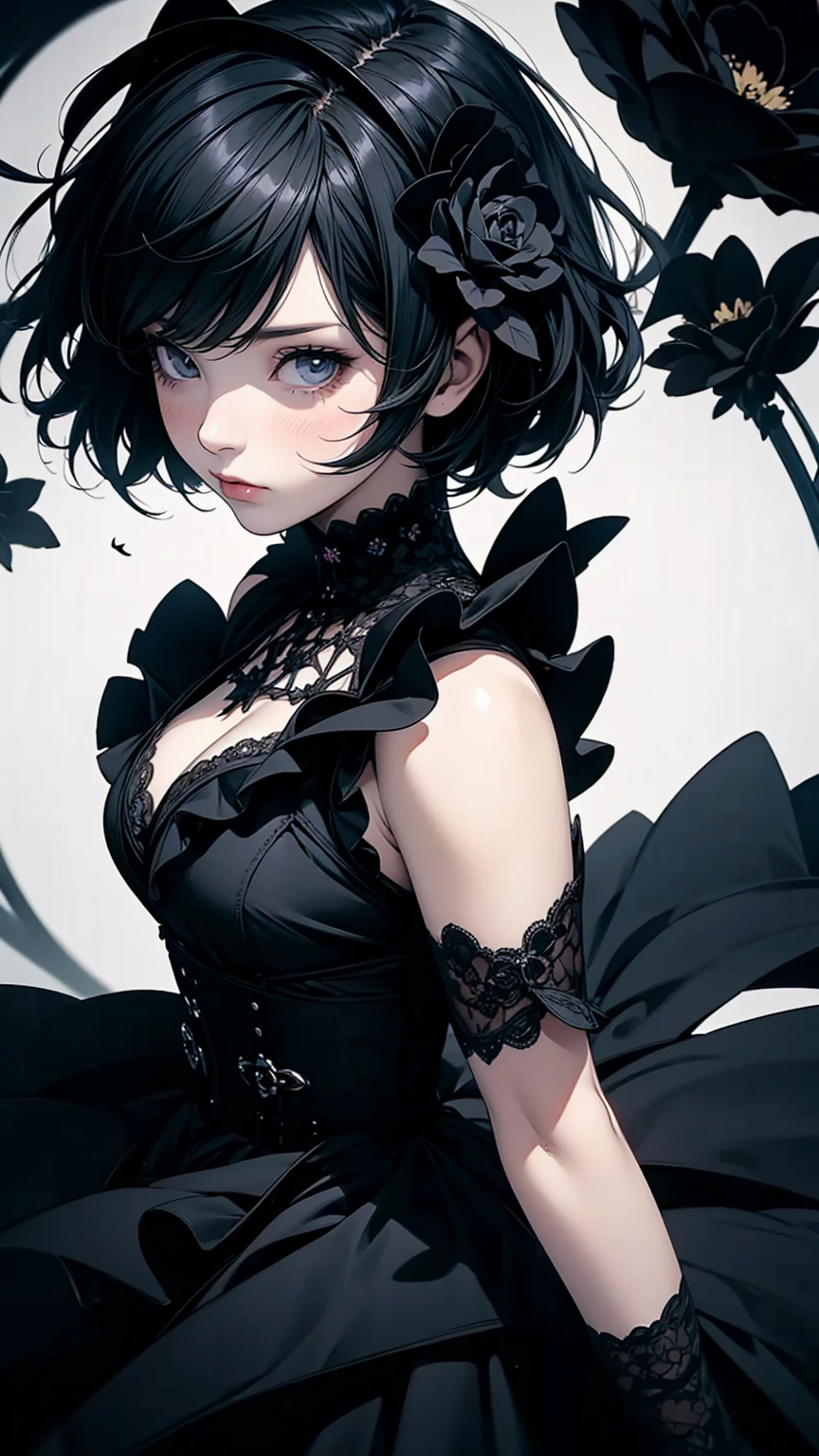 Top view, Woman with asymmetrical short hair, Gothic Lolita Fashion, A dynamic pose, Collage with black flowers, Anime Style, Simple lines, Digital Painting, (masterpiece, High resolution, Highest quality)