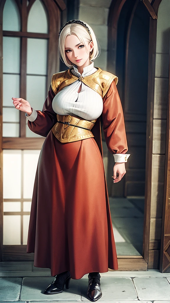 Mature female, medieval European, villager uniform, full body image