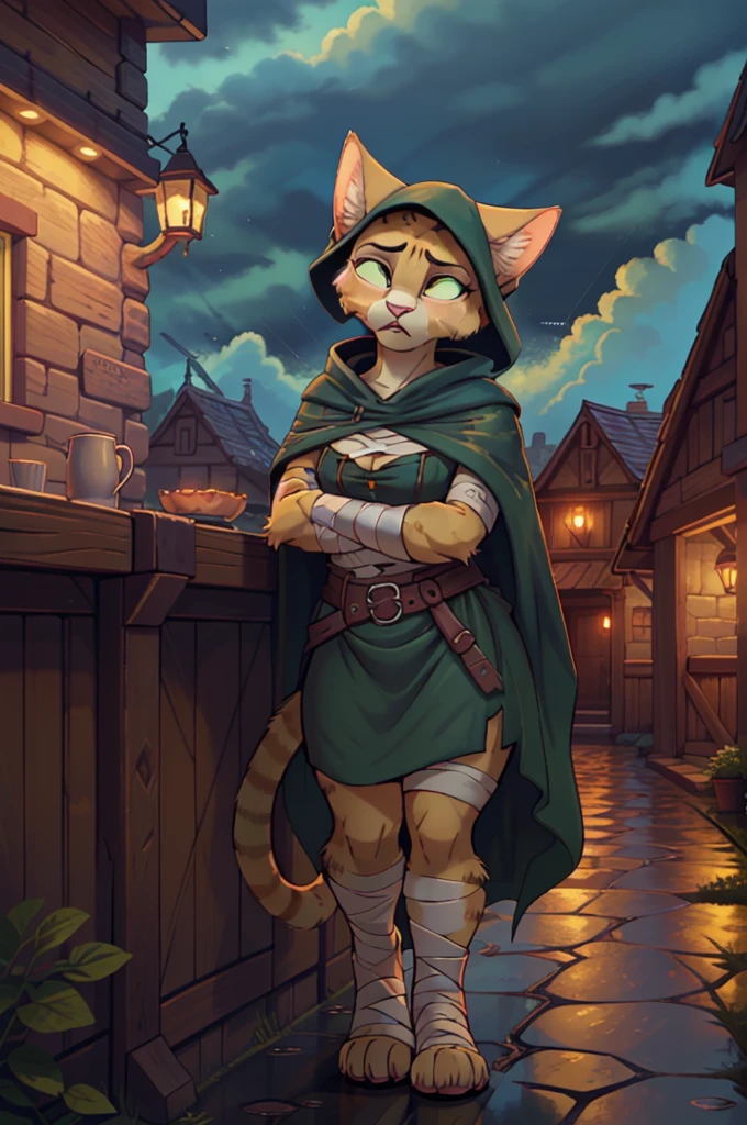 (masterpiece, best quality:1.2), katia, khajiit, feline, female, (Beautiful cute face), Charming, (cat nose), ((incredulous facial expression)), eyes are slightly closed, ((detailed beautiful female eyes)) yellow fur, medium breasts, green ripped shirt, brown cape, brown hood, tail, outdoors, dark time of day, (dark cloudy weater, rain), dirty road, tavern on background, small city, (bandages), fatigued, hungry, exhausted, grumpy, frown, embarassed, pleading