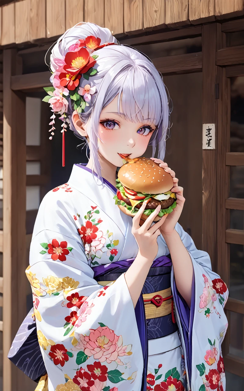 Top quality, masterpiece, eating gurger, holdinf burger dokaguiburger, 1girl,  , small beasts , skindentation, intricate japanese_clothes kimono, ornate flower embroidery kimono, detached sleevs, very baggy and wide sleeves, intricate flower_print kimono, intricate furisode, print_kimono, geta, White fur, japanese hair ornament folded ponytail