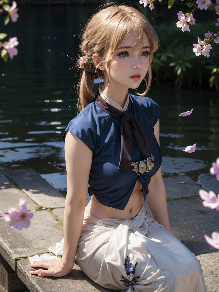 masterpiece, absurdres, violet evergarden, 1girl, solo,mature female, wearing indian saree,  navy blue and white saree, looking at viewelling petals), perfect composition, detailed lips, big breast, beautiful face, body proportion, blush, (pink lips), long blonde hair, opened hair, brown-eyed, soft gaze, super realistic, detailed, photoshoot, realistic face and body, full body picture