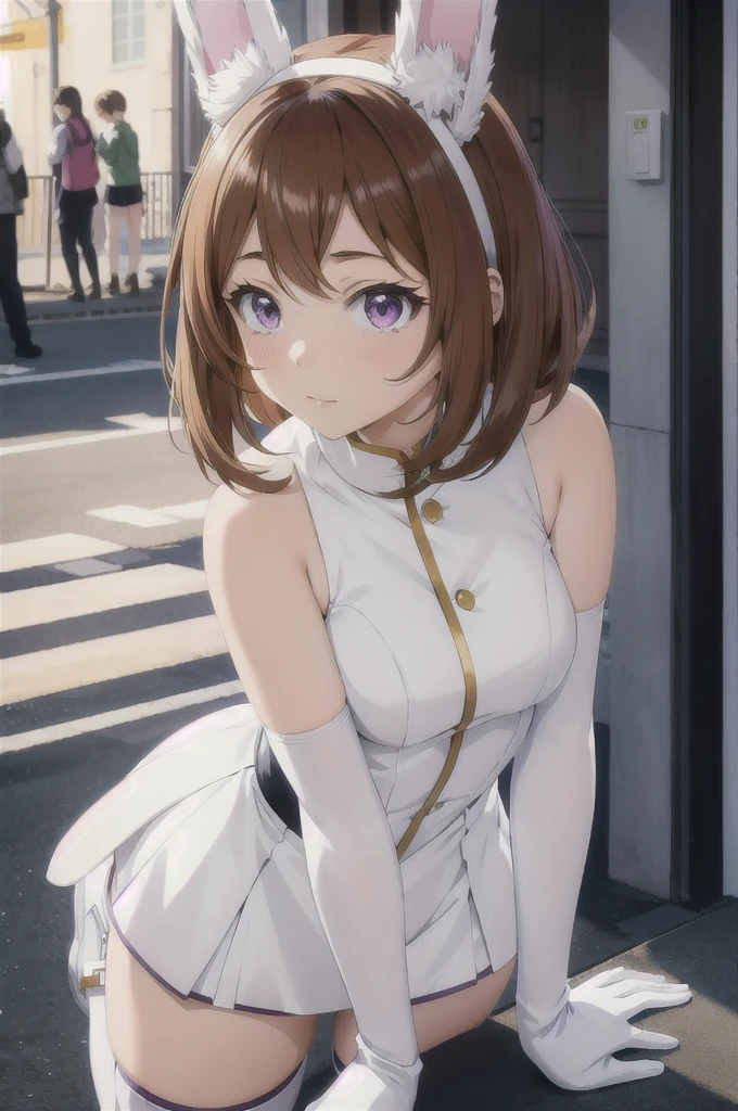 Ochaco Uraraka  ,1girl , anime , , hair cafe  , sexy , back aass (best quality:1.3), (4K quality),masterpiece, best quality, high res, detailed, (Detailed face:1.2), (Detailed eyes:1.2), (Perfect figure:1.2), looking at viewer, , (1girl), boku no hero academia, rabbit ears, skinned female)),  sleeveless, white gloves, white lleotar , fur collar, purple tthighhighs,fondo white