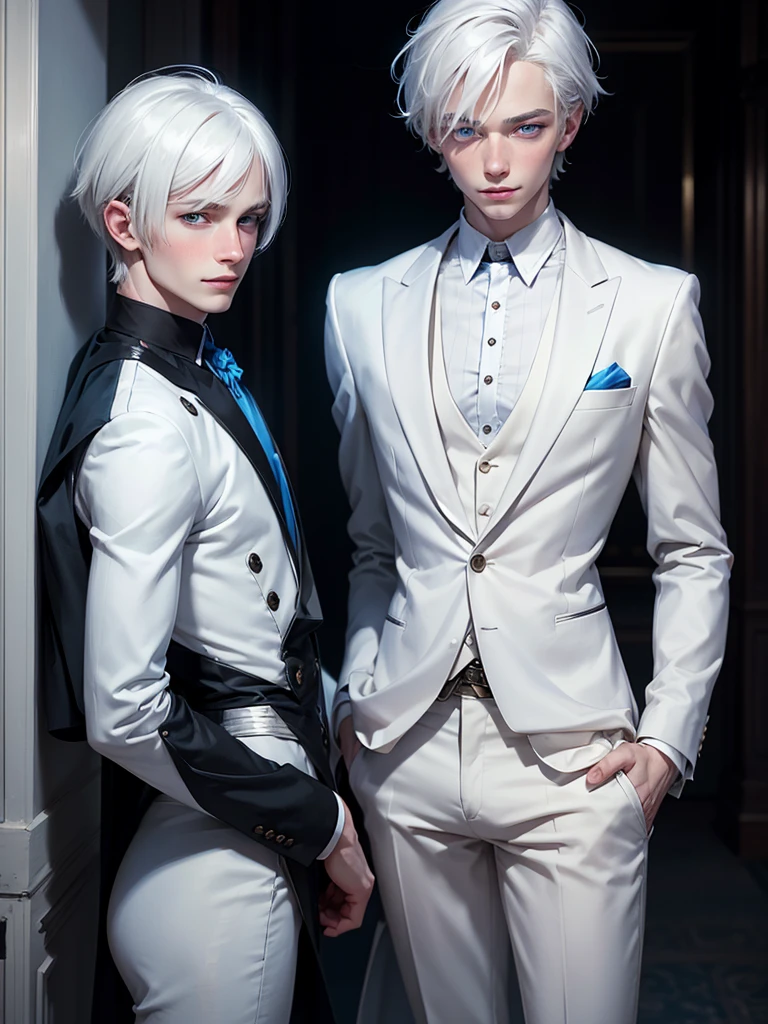 (best quality), 1boy, male, pale skin, white hair, medium hair, swept bangs, straight hair, blue eyes, perfect eyes, smile, blush, suit, skinny body, masterpiece, anatomically correct, highres
