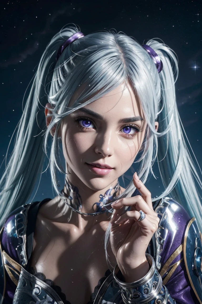 I want to be a powerful figure behind the scenes！,Epsilon,Silver blue hair,long hair,Twin tails,Aligned bangs,Beautiful purple eyes,Beautiful white skin,Photorealistic,Ultra HD,high quality,masterpiece,Digital SLR,Detailed details,Intricate details,Anatomical basis,Depicted in detail,A detailed face,Realistic skin texture,Vivid details,Perfect Anatomy,Perfect Anatomy,Anatomically correct hand,Anatomically correct fingers,Super Detail,Complex 3D rendering,Sexy pose,tail,Wet,Beautiful night sky,A beach with a beautiful starry sky,Fantasy worldview,Picturesque,Pink Lips,smile,