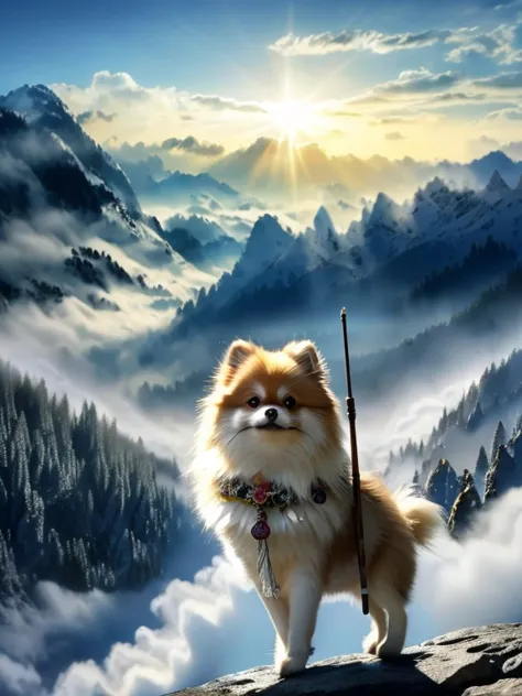 the savior-like pomeranian, stand on two legs, holding a walking stick, watching over with kind eyes, in the fantastic foggy mou...