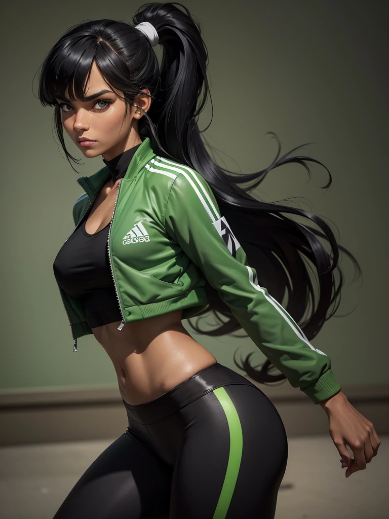 (best quality), 1girl, female, tanned skin, black hair, high ponytail, side swept bangs, long hair, green eyes, perfect eyes, sport jacket, leggings, athletic, smug, masterpiece, anatomically correct, highres
