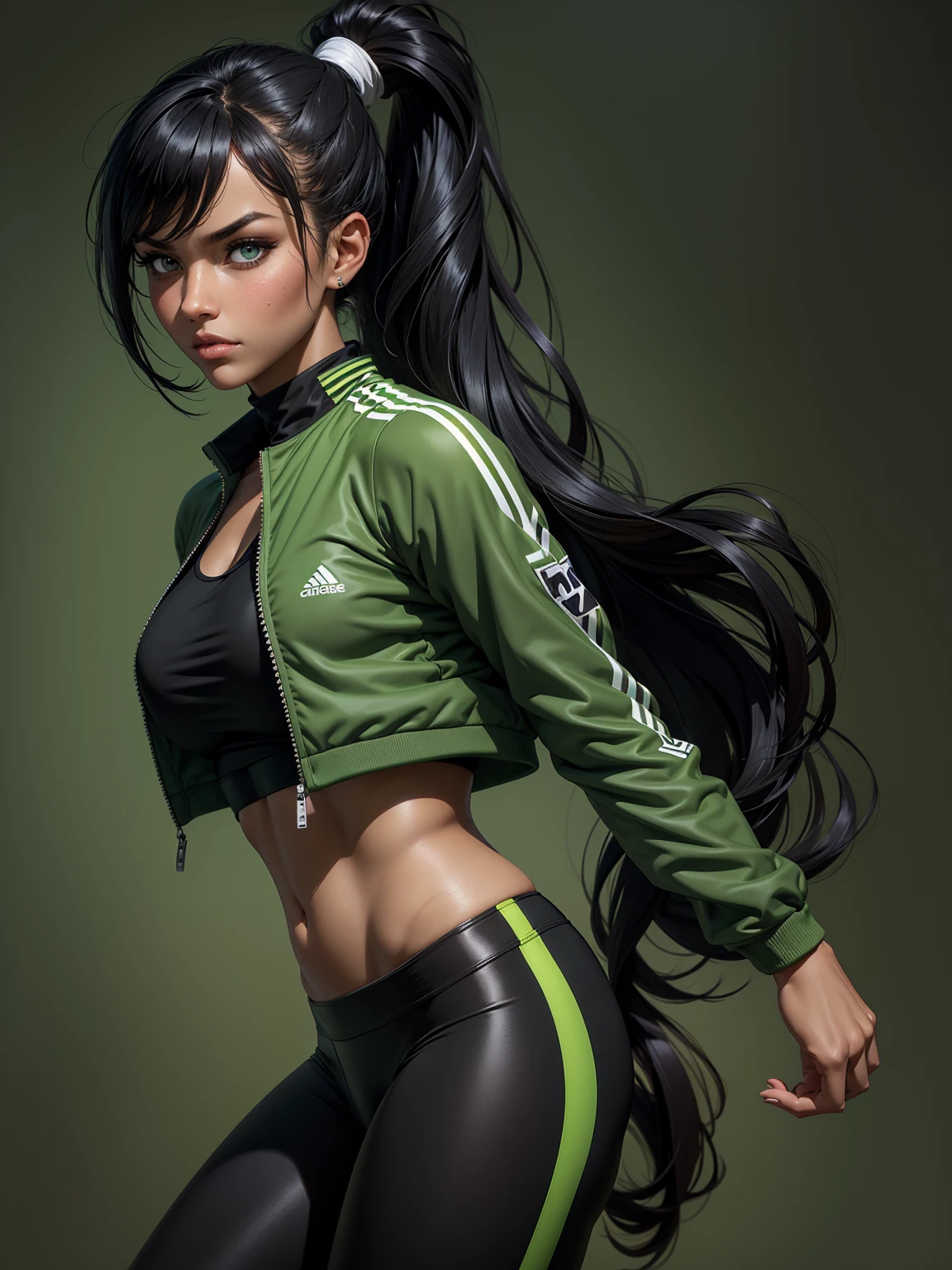 (best quality), 1girl, female, tanned skin, black hair, high ponytail, side swept bangs, long hair, green eyes, perfect eyes, sport jacket, leggings, athletic, smug, masterpiece, anatomically correct, highres
