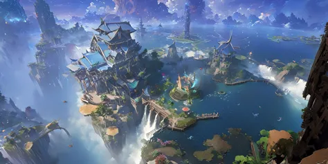 there is a chinese-style building in the middle of a small island, game concept art, final fantasy vll world concept, 2. 5d cgi ...