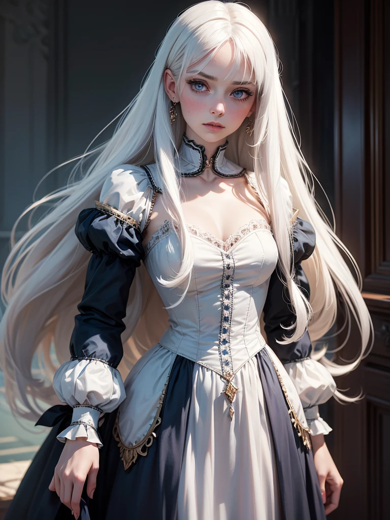 (best quality), 1girl, female, pale skin, white hair, long hair, swept bangs, straight hair, blue eyes, perfect eyes, victorian-inspired dress, , skinny body, flat chest, blush, masterpiece, anatomically correct, highres
