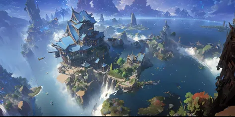 there is a chinese-style building in the middle of a small island, game concept art, final fantasy vll world concept, 2. 5d cgi ...