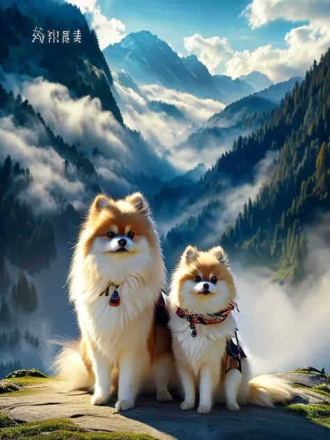 from side, two savior-like pomeranians, pomeranian standing on two legs, holding a walking stick, watching over with kind eyes, ...