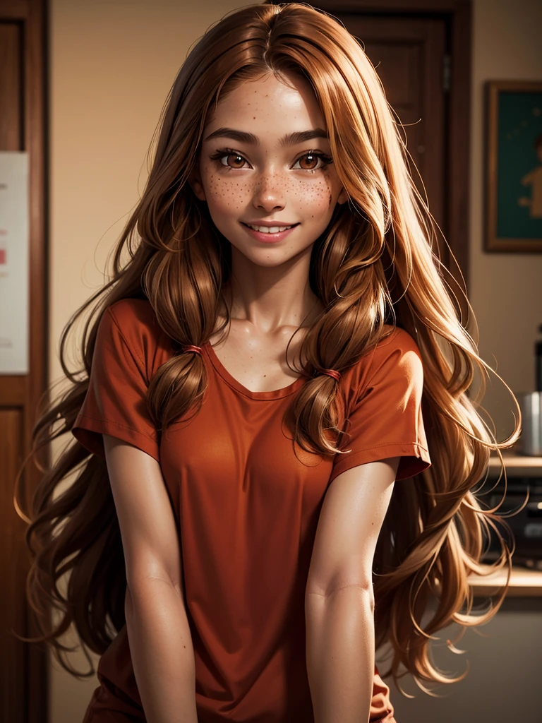 (best quality), 1girl, female, honey toned skin, chestnut hair, long hair, slightly wavy hair, brown eyes, perfect eyes, freckles, red clothes, , skinny body, small bust, smile, masterpiece, anatomically correct, highres
