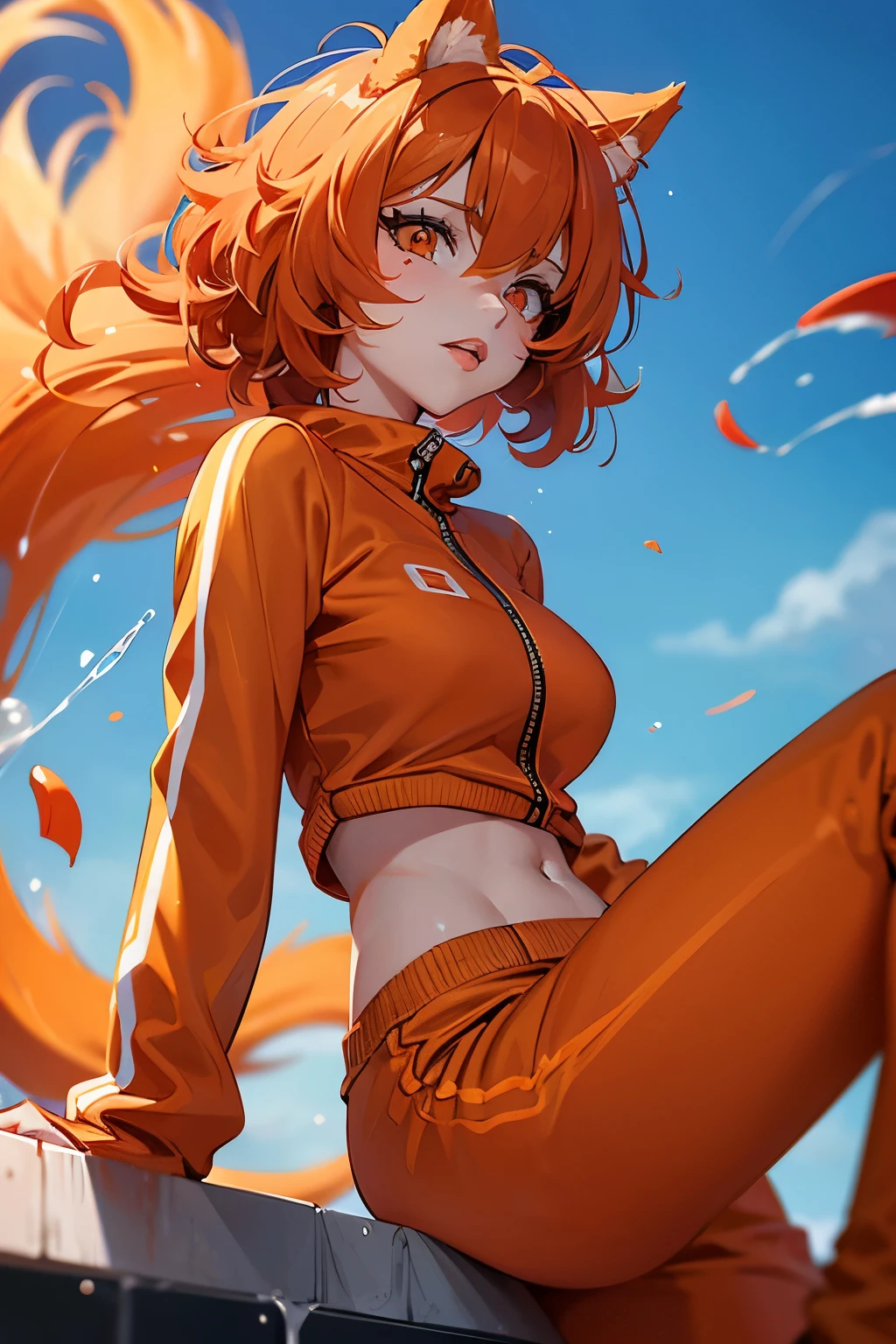 Orange-eyed girl, short orange hair ending in soft curls, orange catgirl ears and tail, (full lips: 1.2), orange tracksuit, (she is splashed with red blood: 1.3), long shot low angle